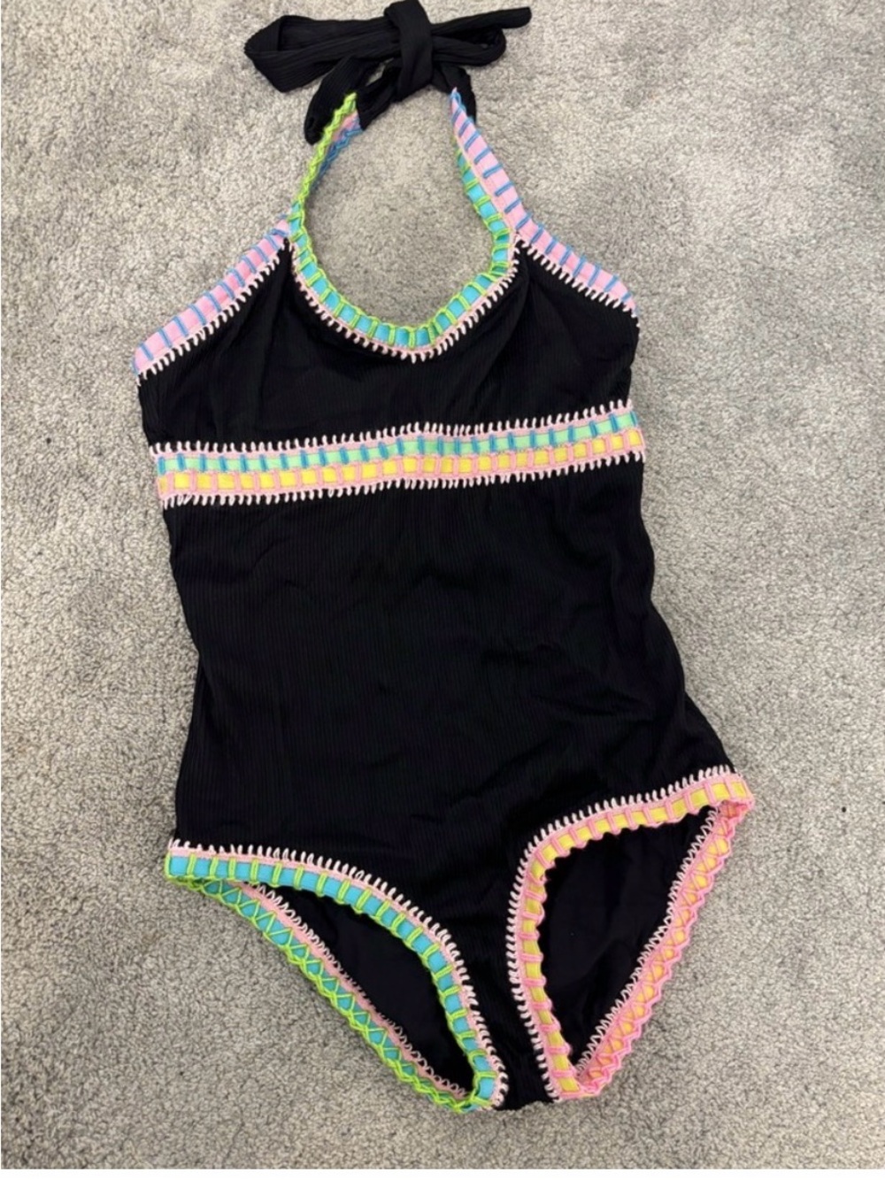 Girls Black One-Piece Halter Swimsuit with Multicolor Trim excellent condition